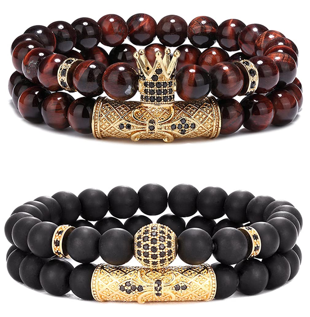 SAMOCO 4 Pcs 8mm Crown King Bracelets for Men Women Tiger Eye Black Matte Onyx Cool Natural Stone Beads Bracelets Set