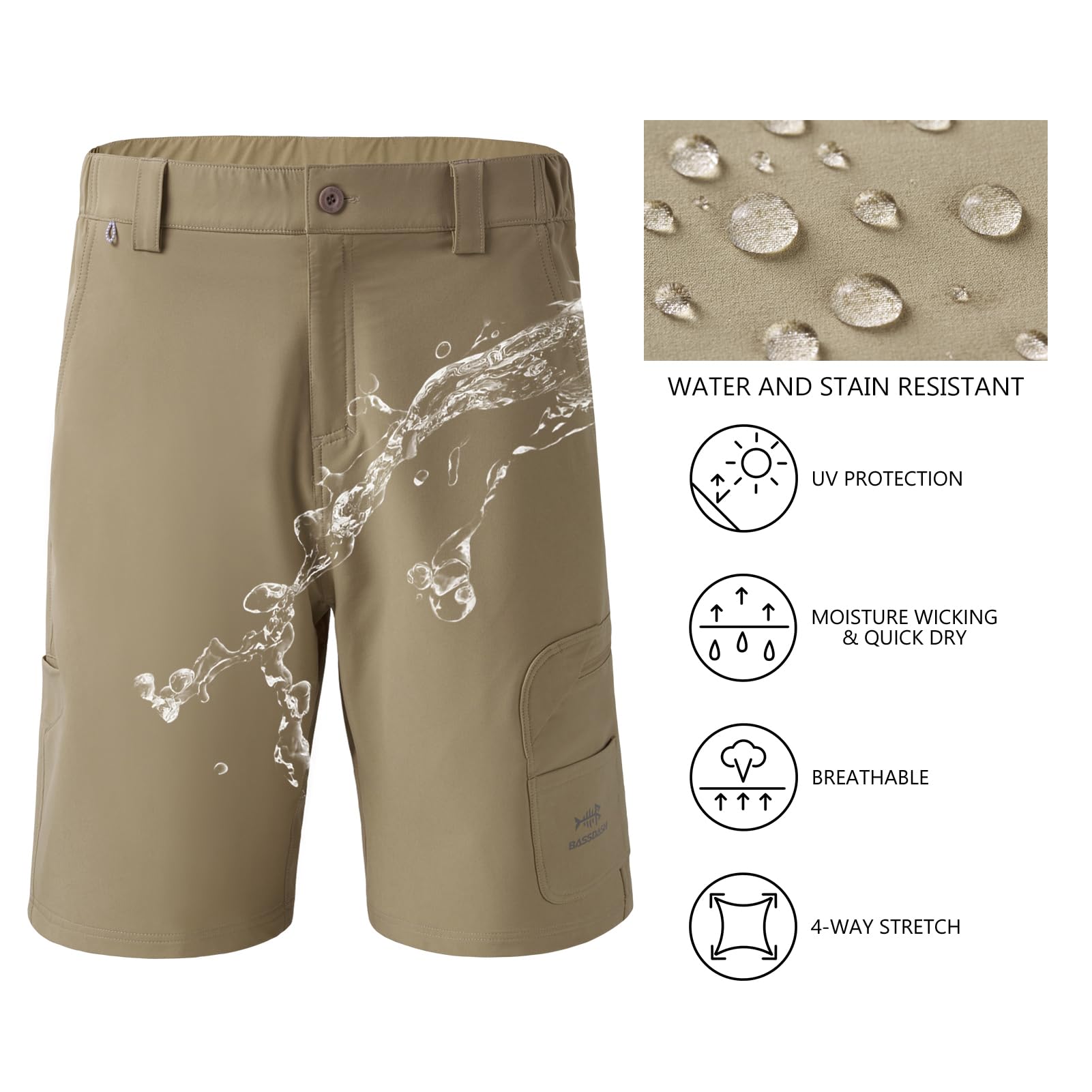 BASSDASH 10.5” Mens Fishing Cargo Shorts Quick Dry UPF 50+ Water Resistant FP01M Khaki