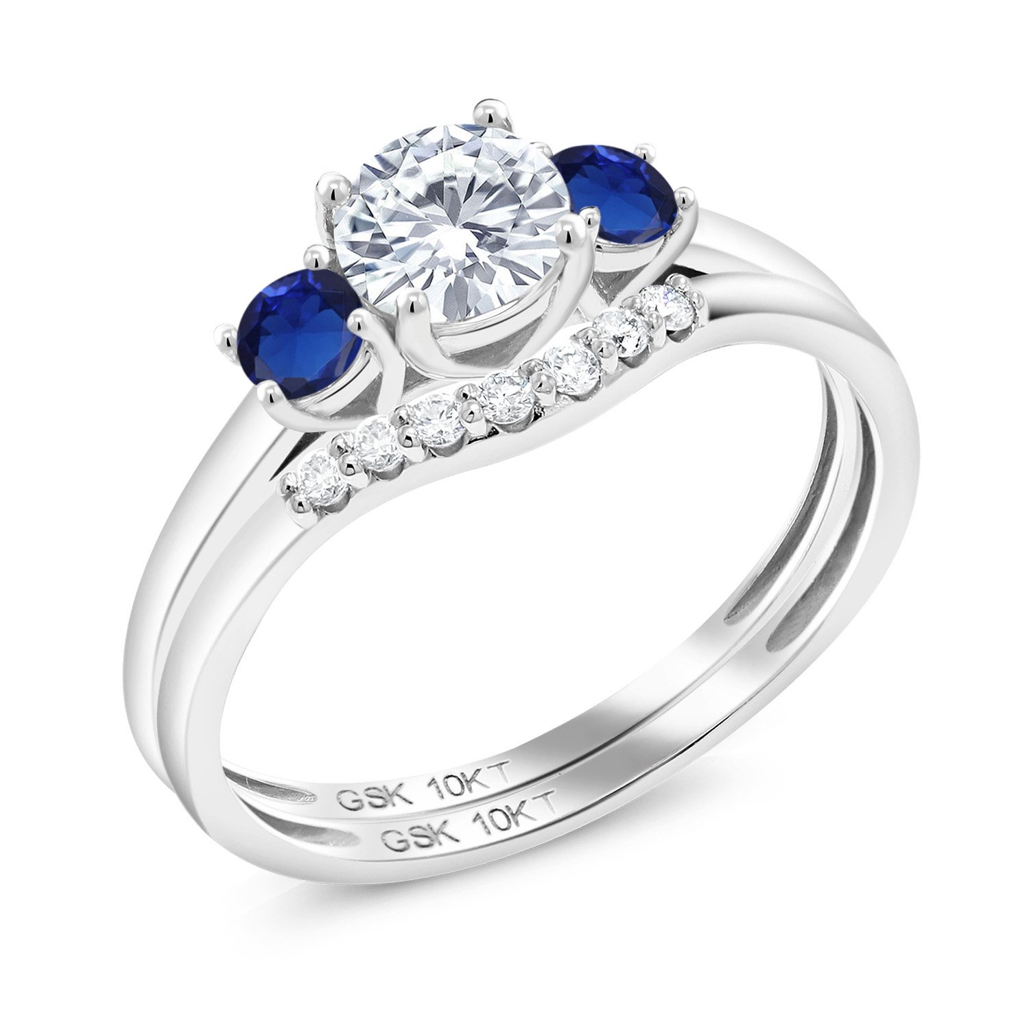 10K White Gold Forever Classic Moissanite From Charles & Colvard and Blue Created Sapphire and Lab Grown Diamond 3-Stone Bridal Engagement Wedding Ring Set For Women (0.83 Cttw, Round 5MM, Size 7)