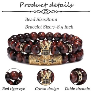 SAMOCO 4 Pcs 8mm Crown King Bracelets for Men Women Tiger Eye Black Matte Onyx Cool Natural Stone Beads Bracelets Set