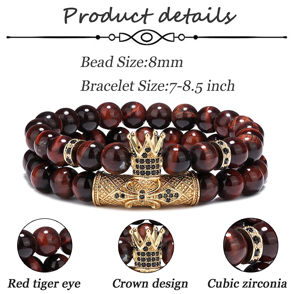 SAMOCO 4 Pcs 8mm Crown King Bracelets for Men Women Tiger Eye Black Matte Onyx Cool Natural Stone Beads Bracelets Set