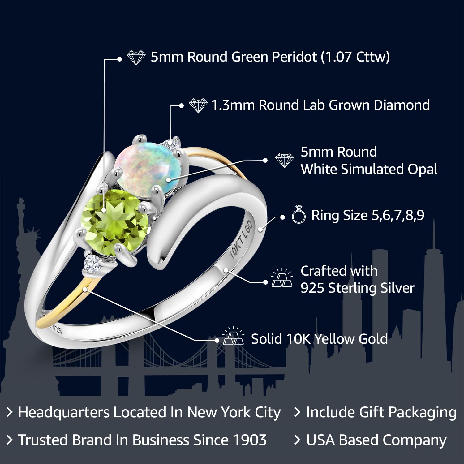 925 Sterling Silver and 10K Yellow Gold Round Cabochon White Simulated Opal Green Peridot and Lab Grown Diamond 2 Stone Crossover Ring For Women (1.07 Cttw, Available 5,6,7,8,9) (Size 9)