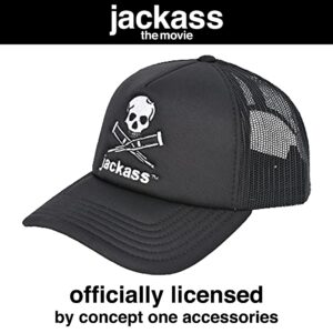 MTV Jackass Embroidered Skull and Crutches Logo Adjustable Cotton and Mesh Trucker Hat with Curved Brim, Black, One Size