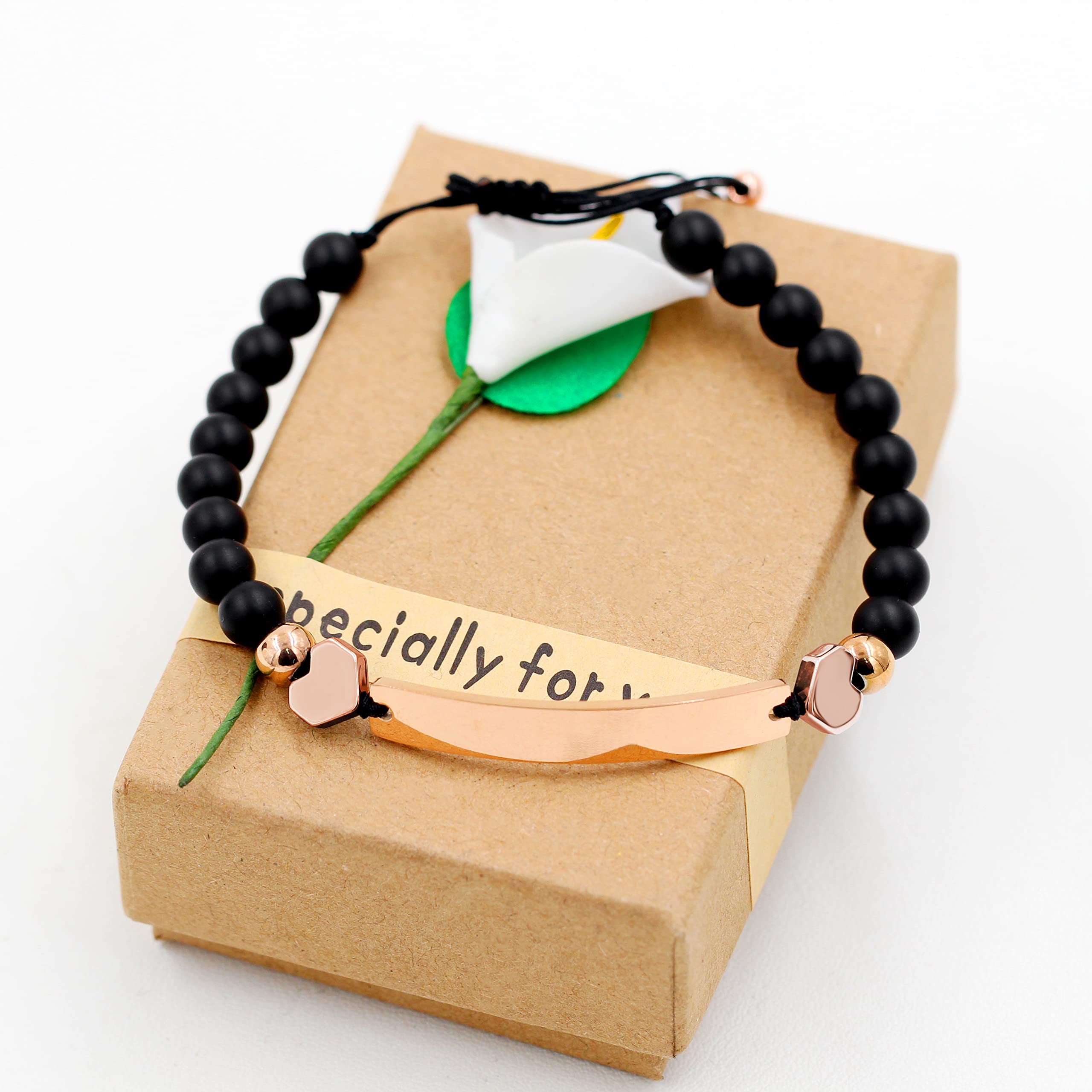 Handmade Black Matte Onyx Beads Personalized Name Bracelets for Women with Rose Gold Plated Stainless Steel Custom Name Plate Y1451