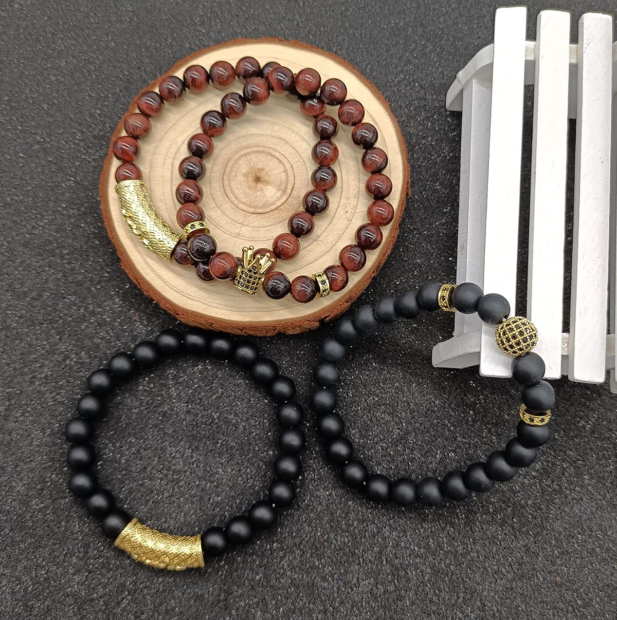 SAMOCO 4 Pcs 8mm Crown King Bracelets for Men Women Tiger Eye Black Matte Onyx Cool Natural Stone Beads Bracelets Set