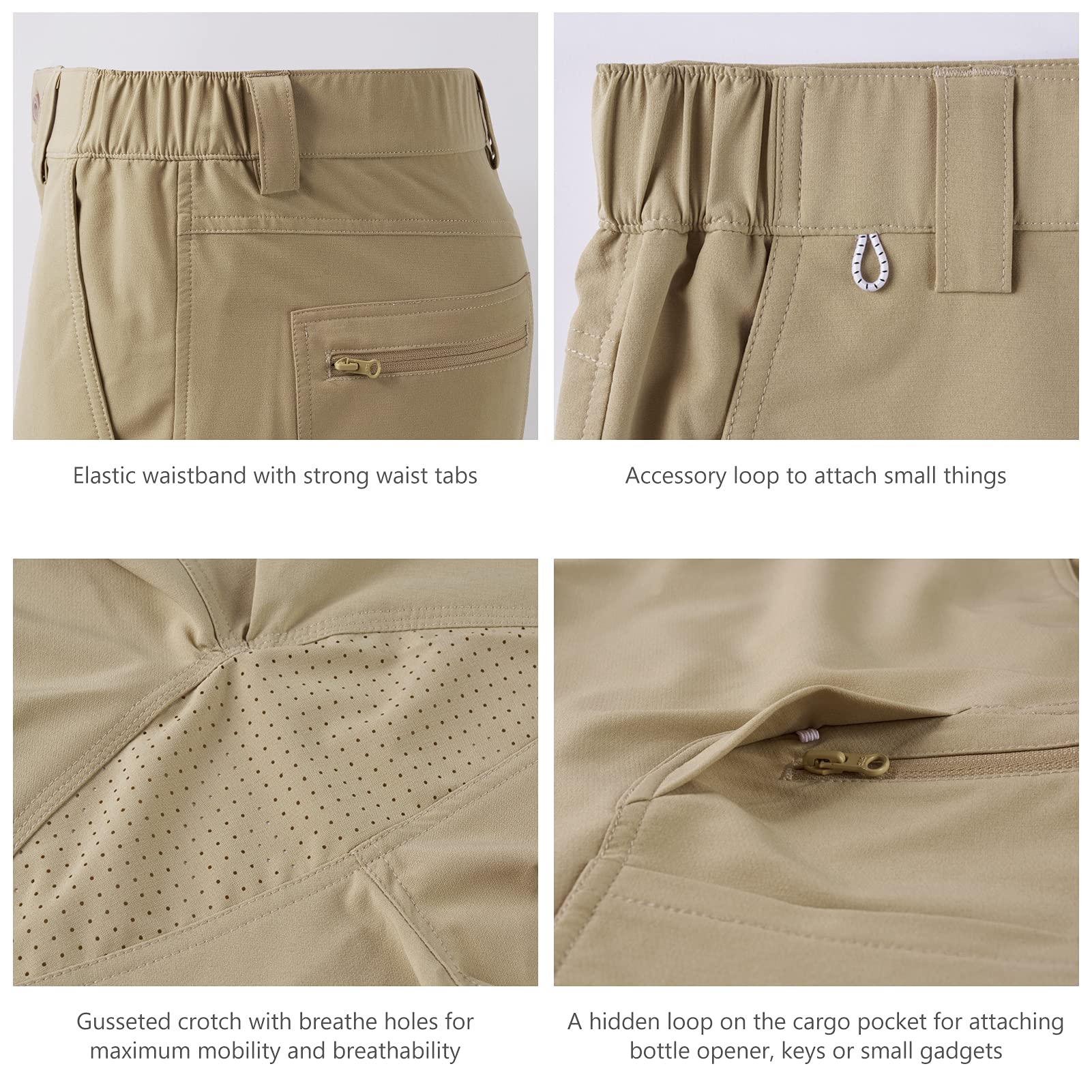 BASSDASH 10.5” Mens Fishing Cargo Shorts Quick Dry UPF 50+ Water Resistant FP01M Khaki