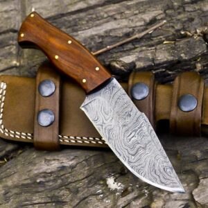 Nooraki HK-319 Custom Handmade Damascus Steel Knife - Full Tang Rosewood Handle, with Leather Sheath 8 Overall Hunting Skinning Survival Knife (Damascus Steel)