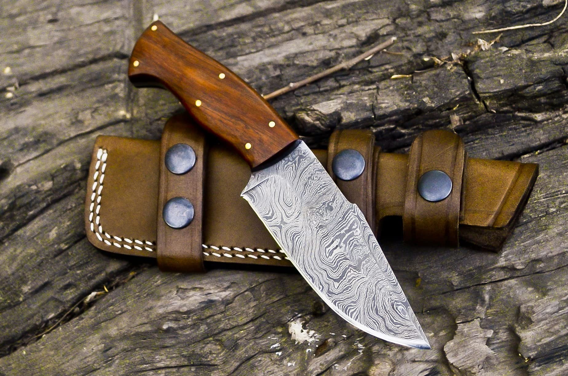 Nooraki HK-319 Custom Handmade Damascus Steel Knife - Full Tang Rosewood Handle, with Leather Sheath 8 Overall Hunting Skinning Survival Knife (Damascus Steel)