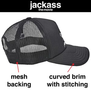 MTV Jackass Embroidered Skull and Crutches Logo Adjustable Cotton and Mesh Trucker Hat with Curved Brim, Black, One Size