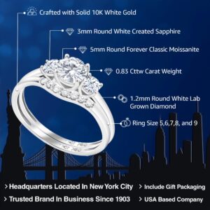 10K White Gold Forever Classic Moissanite From Charles & Colvard and White Created Sapphire and Lab Grown Diamond 3-Stone Bridal Engagement Wedding Ring Set For Women (0.83 Cttw, Round 5MM, Size 6)