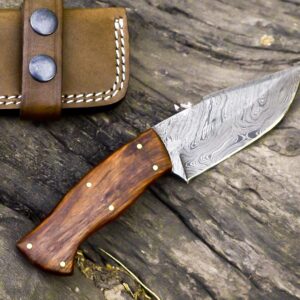 Nooraki HK-319 Custom Handmade Damascus Steel Knife - Full Tang Rosewood Handle, with Leather Sheath 8 Overall Hunting Skinning Survival Knife (Damascus Steel)