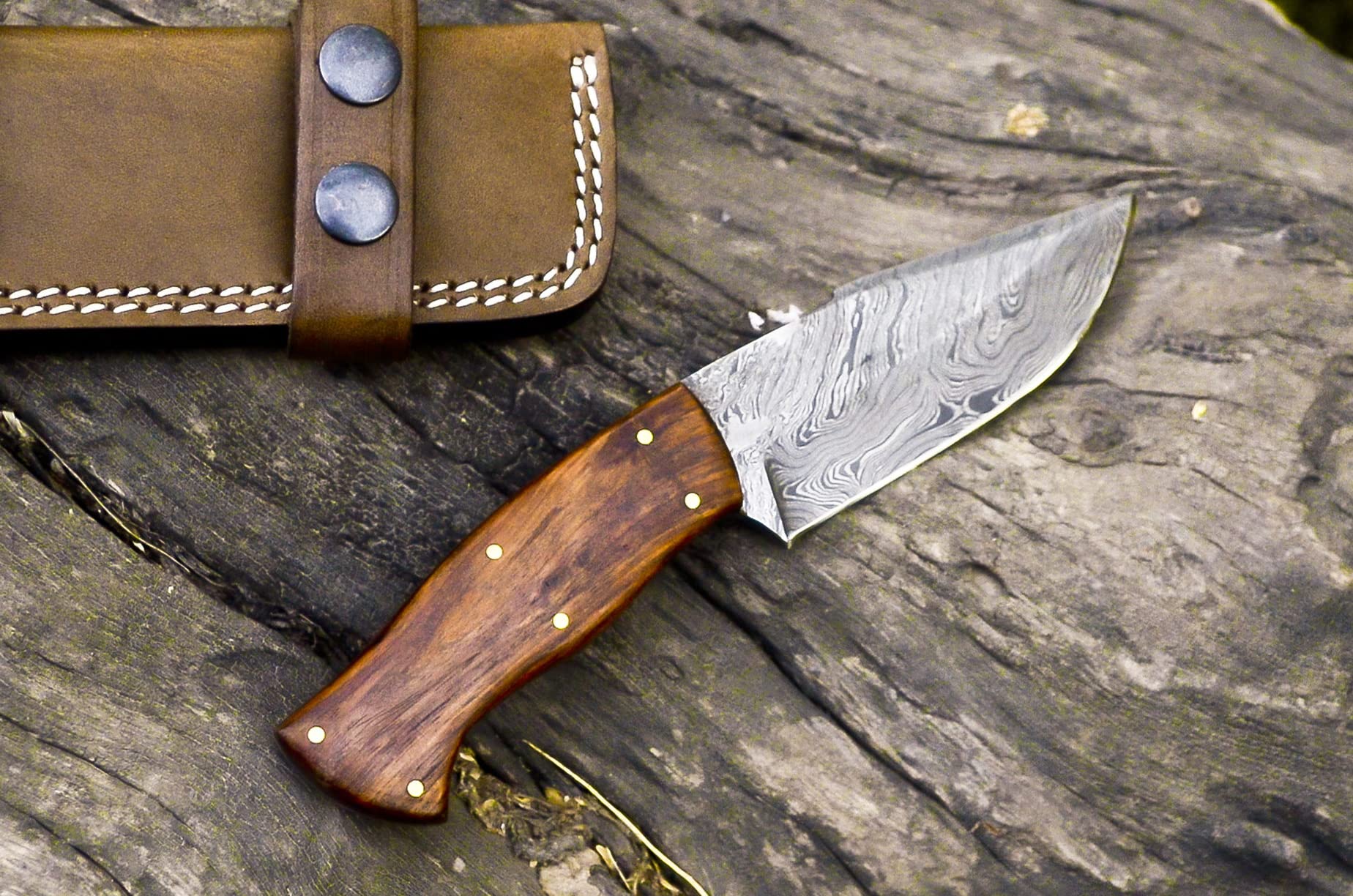 Nooraki HK-319 Custom Handmade Damascus Steel Knife - Full Tang Rosewood Handle, with Leather Sheath 8 Overall Hunting Skinning Survival Knife (Damascus Steel)