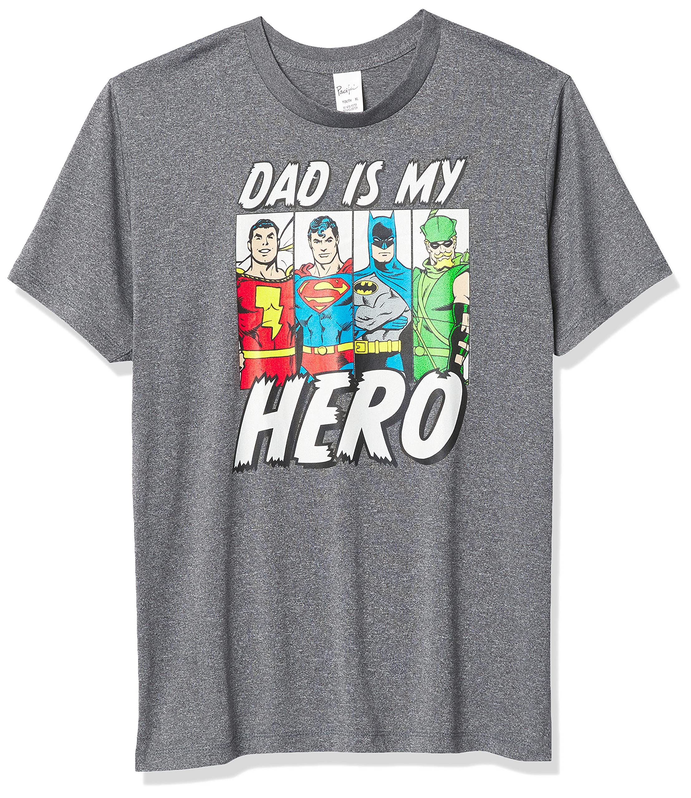 DC Comics Justice League Hero Dad Boy's Performance Tee, Charcoal Heather, Youth Medium