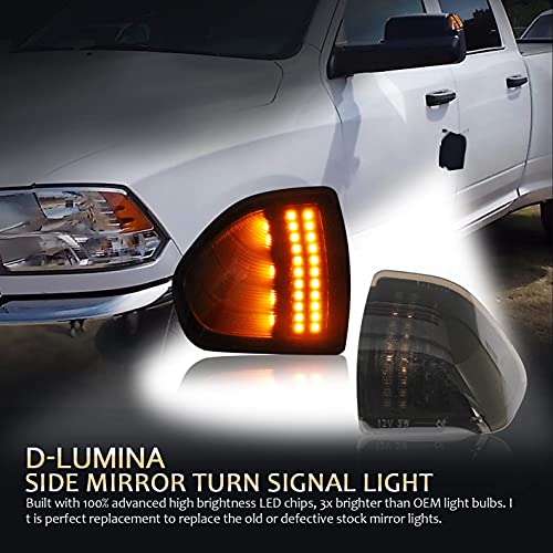 D-Lumina LED Side Mirror Turn Signal Light Left and Right Lamps Smoked Cover Lens for 2010-2018 Dodge Ram 1500 2500 3500 4500 5500, Rear View Mirror Lights Replace 68302828AA 68302829AA, Pack of 2