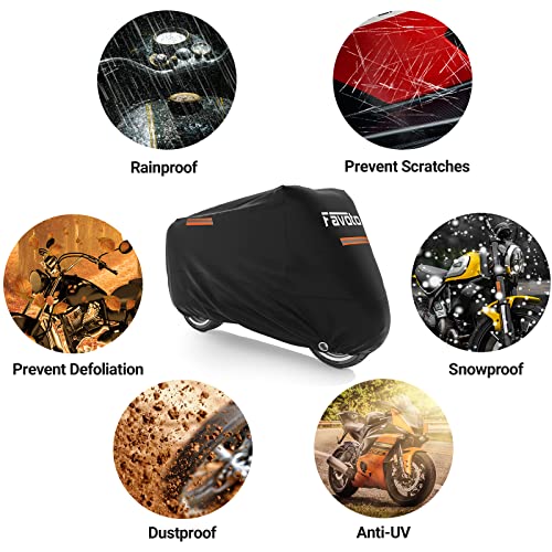 Favoto Motorcycle Cover Waterproof All Season Sun Outdoor Protection Windproof Night Reflective with Lock-Holes Storage Bag Universal Fits up to 116" Motorcycles Vehicle Motorbike Cover