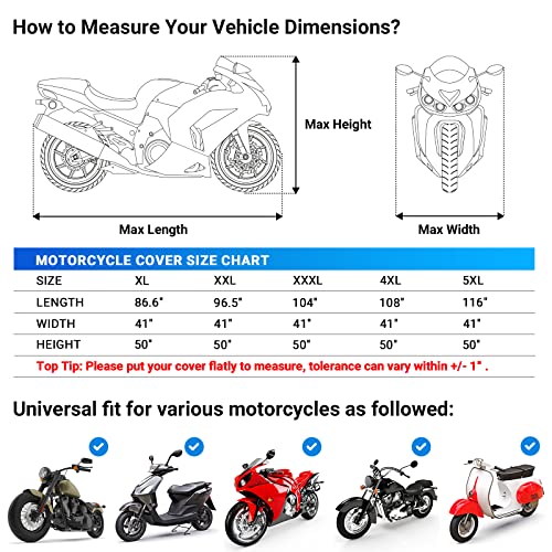 Favoto Motorcycle Cover Waterproof All Season Sun Outdoor Protection Windproof Night Reflective with Lock-Holes Storage Bag Universal Fits up to 116" Motorcycles Vehicle Motorbike Cover