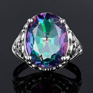 SzjinAo Women Sterling Silver 6ct Round Mystic Fire Rainbow Topaz Stone Vintage Design Engagement Jewelry Valentine's Day New Year Ring (7-)