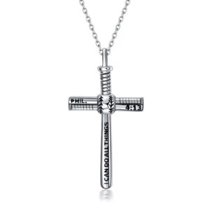 YAFEINI Baseball Cross Necklace Sterling Silver Sports Baseball Bat Cross Necklace Strength Bible Verse Cross Pendant Jewelry Gifts for Women (Baseball Cross Necklace)