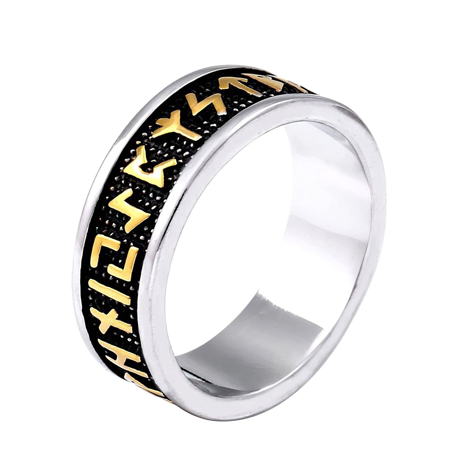 Viking Rune Ring with Elder Futhark Runes Norse Ring Scandinavian Jewelry (steel color and gold, 10)