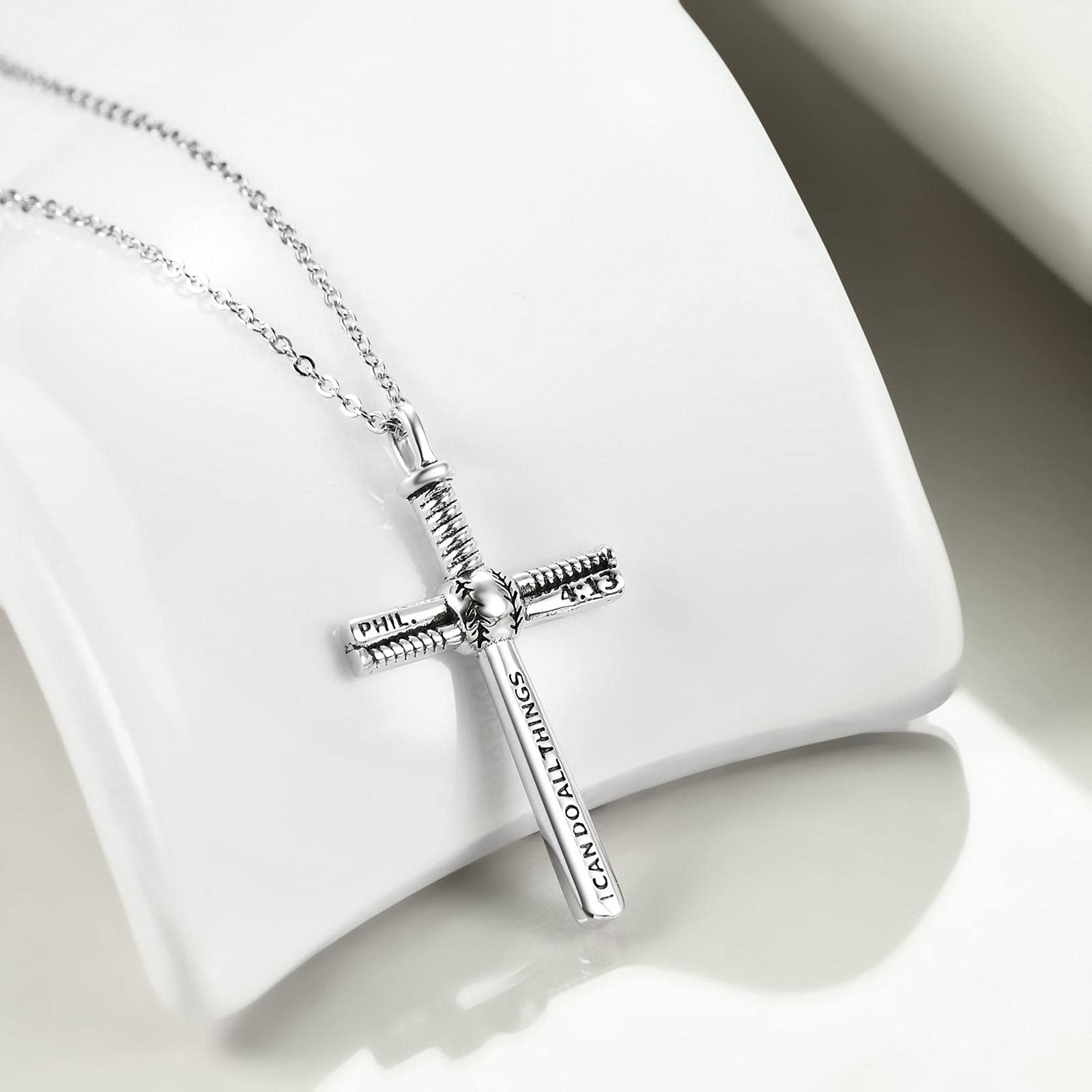 YAFEINI Baseball Cross Necklace Sterling Silver Sports Baseball Bat Cross Necklace Strength Bible Verse Cross Pendant Jewelry Gifts for Women (Baseball Cross Necklace)