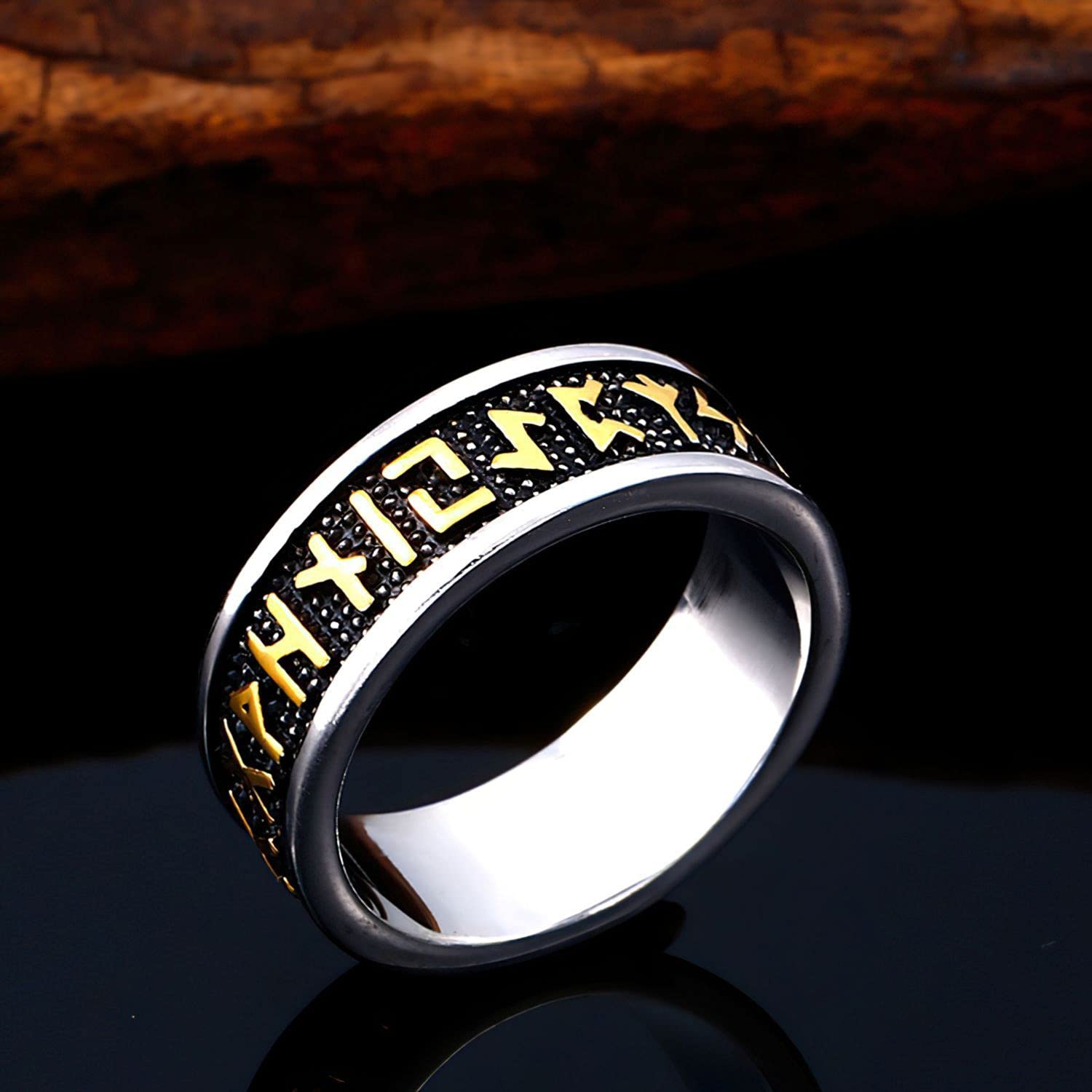 Viking Rune Ring with Elder Futhark Runes Norse Ring Scandinavian Jewelry (steel color and gold, 10)