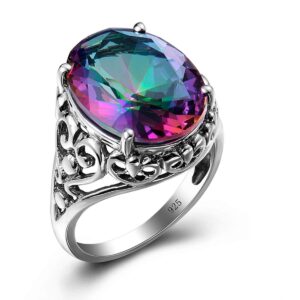 SzjinAo Women Sterling Silver 6ct Round Mystic Fire Rainbow Topaz Stone Vintage Design Engagement Jewelry Valentine's Day New Year Ring (7-)