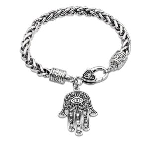 Yifnny Hamsa Evil Eye Bracelet, Hamsa Hand of Fatima Evil Eye Silver Bracelet- Turkish Evil Eye Protection Bracelet Hamsa bracelet for Women Men Minimalist Amulet Jewelry (Silver)