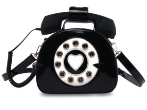 fozehlad novelty telephone shaped shoulder bag funny retro phone crossbody bag totes chain purse(patent leather,black)