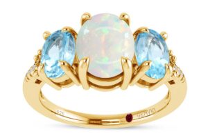 gemvio collection three stone design,centre 6x8mm oval cut natural opal & 4x6mm side natural swiss blue topaz with diamond accent engagement ring in 14k yellow gold over sterling silver(2 cttw)-7