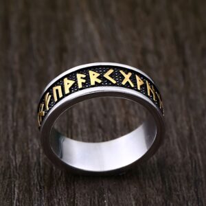 Viking Rune Ring with Elder Futhark Runes Norse Ring Scandinavian Jewelry (steel color and gold, 10)