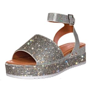 noldares sandals for women casual summer rhinestone crystal platform sandals strappy open toe wedge sandals,silver,11