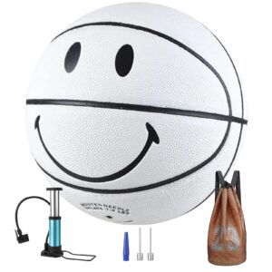 SHENGY No. 7 Smiling Face Basketball, Sweat-Absorbing PU Leather, Soft and Not Hurting Hands, Suitable for Beginners Indoor and Outdoor Competition Training (Bag, Needle, Pump)