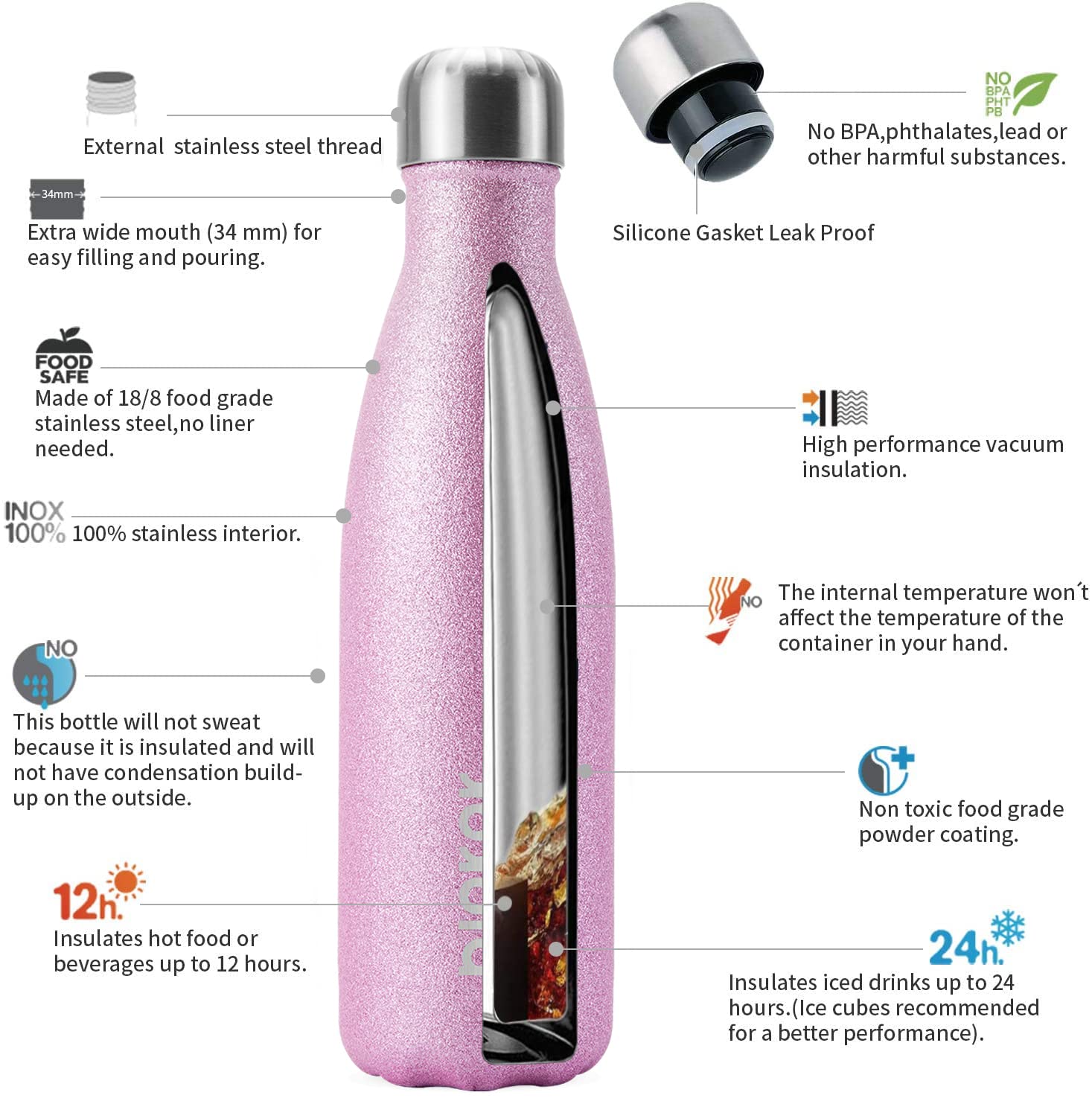 BJPKPK Insulated Water Bottles -17oz/500ml -Stainless Steel Water Bottles,Sports Water Bottles Keep Cold for 24 Hours and Hot for 12 Hours,BPA Free Water Bottle,Glitter Gold