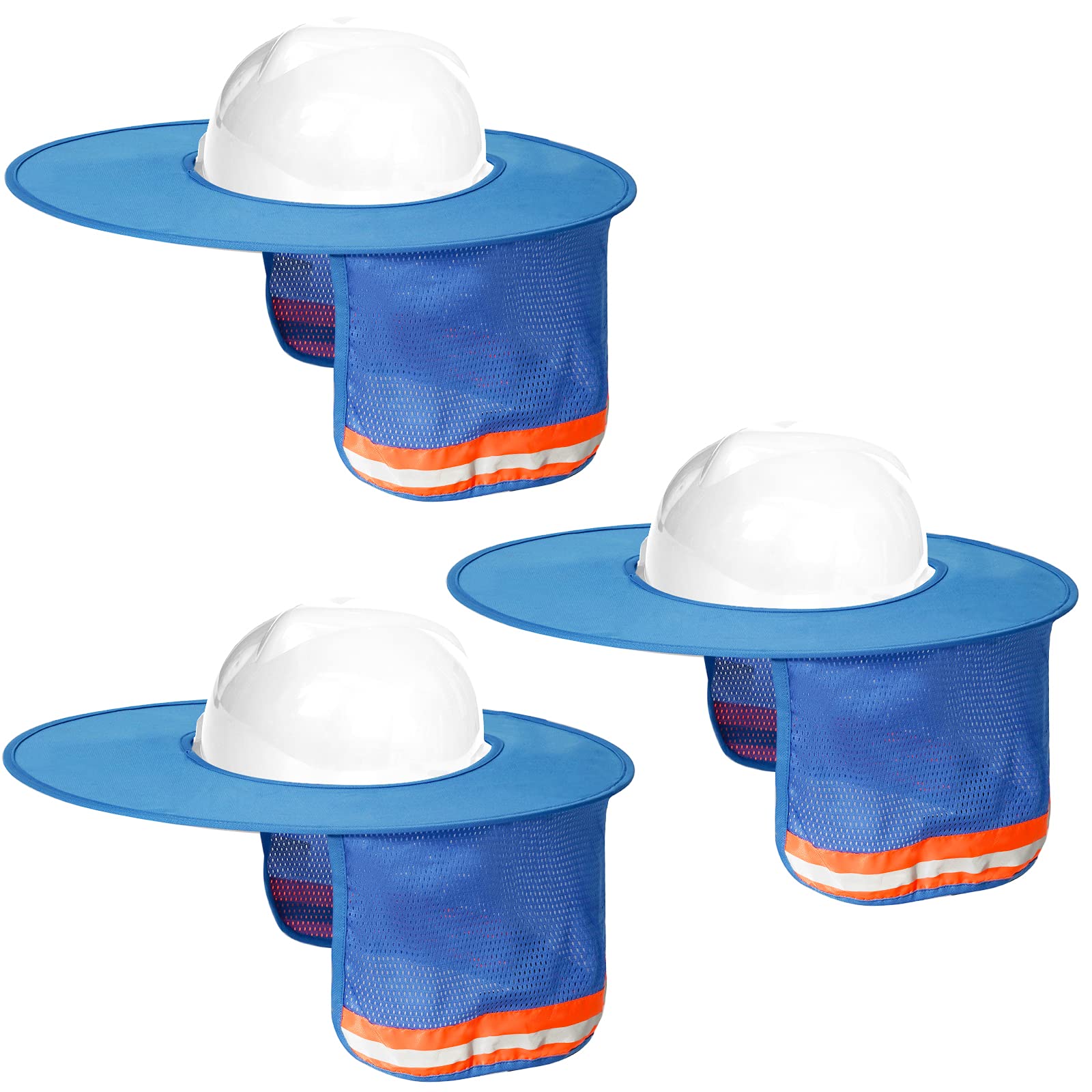 Topbuti 3 Pack Hard Hat Sun Shield Full Brim Mesh Hats Neck Sunshade, High Visibility Neck Sunshield w/Reflective Stripe for Hardhats (Blue)