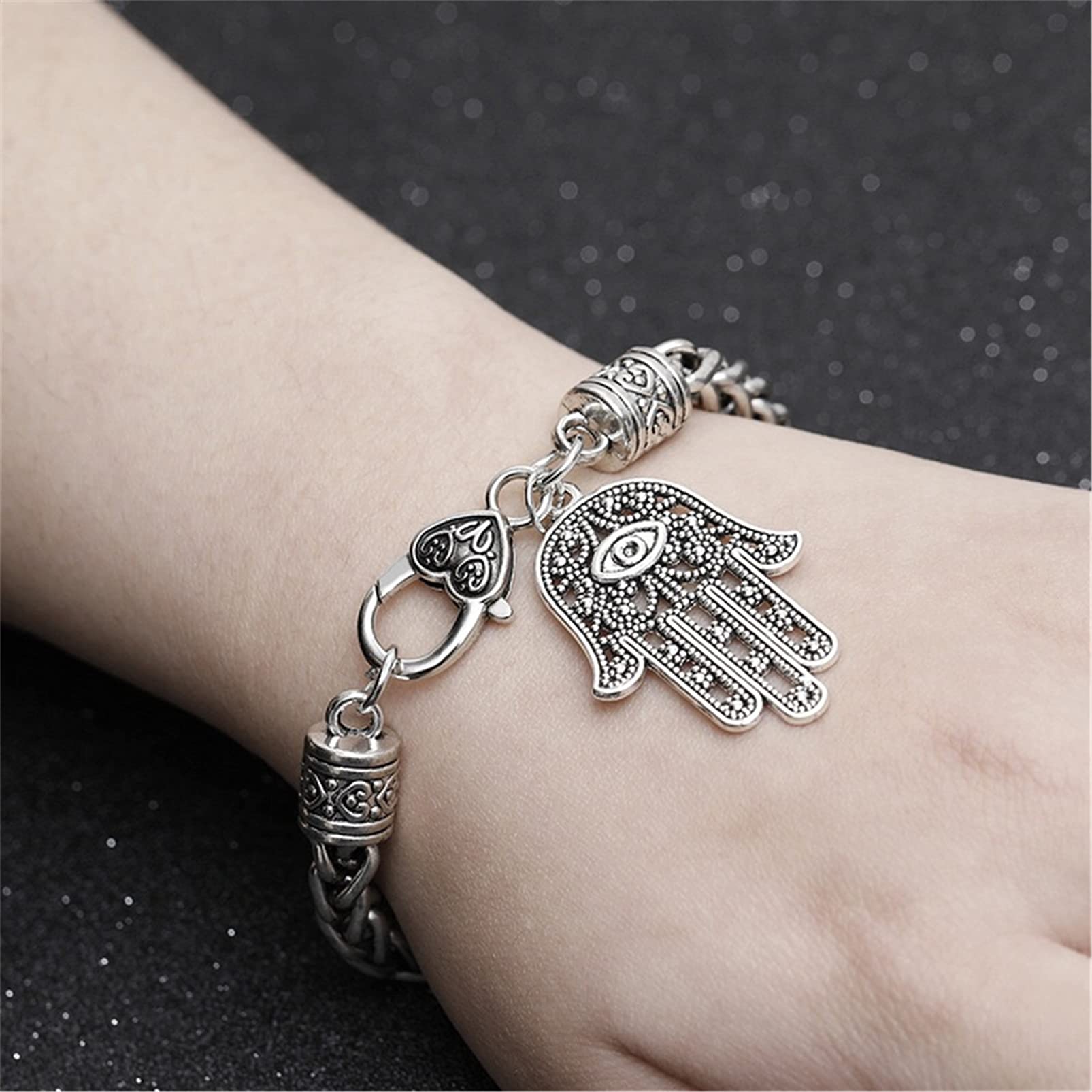 Yifnny Hamsa Evil Eye Bracelet, Hamsa Hand of Fatima Evil Eye Silver Bracelet- Turkish Evil Eye Protection Bracelet Hamsa bracelet for Women Men Minimalist Amulet Jewelry (Silver)