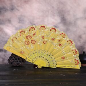 DUO ER Flower Fans Vintage Embroidery Chinese Style Dance Wedding Party Hand Fan Lace Silk Folding Held Flowers Fan (Color : Yellow)