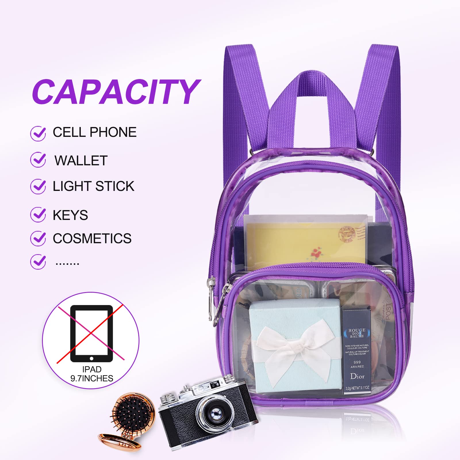 USPECLARE Clear Mini Backpack Stadium Approved, Size 7.5"x2.8"x9" for Girls, for Concert, Festival, Sport Events&Daily Use(Purple)