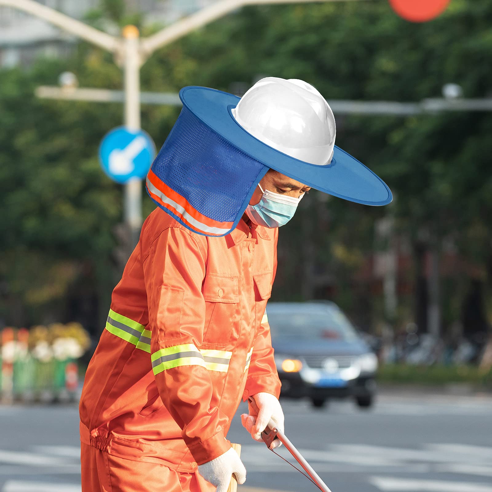 Topbuti 3 Pack Hard Hat Sun Shield Full Brim Mesh Hats Neck Sunshade, High Visibility Neck Sunshield w/Reflective Stripe for Hardhats (Blue)