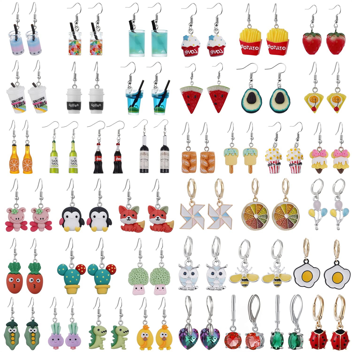 20 Pairs Random Mixed Resin Acrylic & Metal Earrings Set, Weird Dangle Drop Drink Bottle Animal Pendant Earring, Funny Statement Fashion Hoop Earring Jewelry for Women (20pcs Random Mixed)