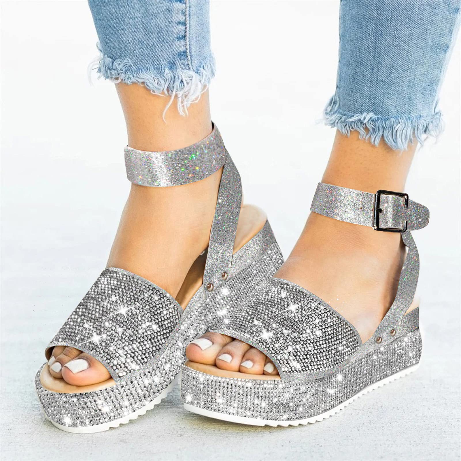 NOLDARES Sandals for Women Casual Summer Rhinestone Crystal Platform Sandals Strappy Open Toe Wedge Sandals,silver,11