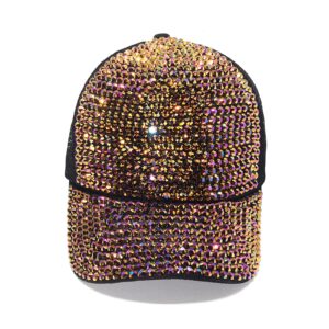 Bling Baseball Cap for Women with Full Diamond Design Adjustable Ladies Baseball Travel Cap (Gold-Pink)