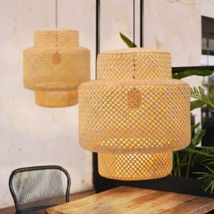 Frontsea Rattan Pendant Lighting for Kitchen | Bamboo Lampshade Handmade Weave Lighting | Wooden Boho Decor | Modern Hanging Ceiling Light Fixture (16inch)