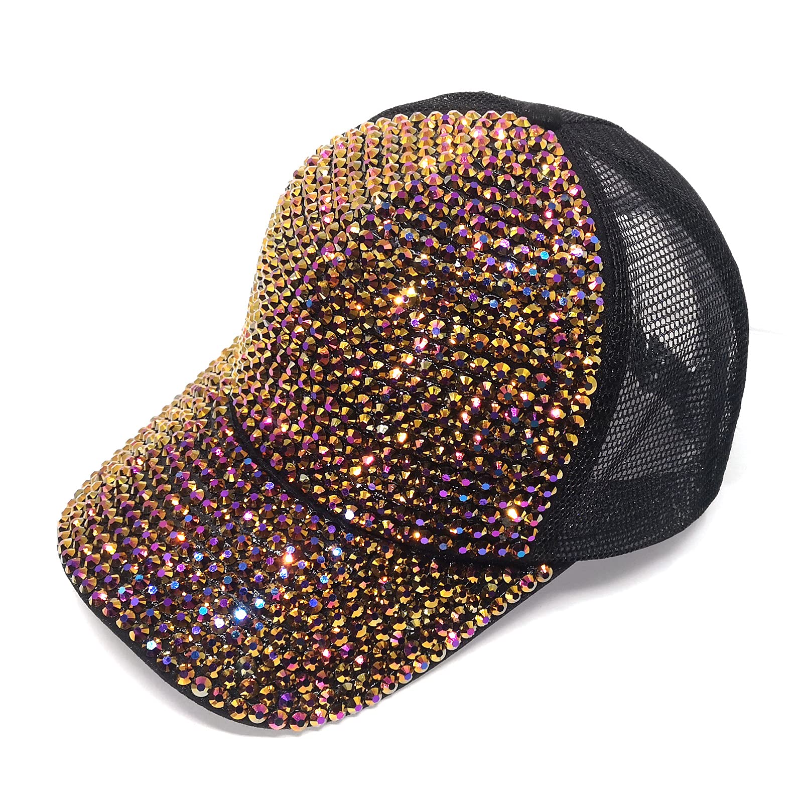 Bling Baseball Cap for Women with Full Diamond Design Adjustable Ladies Baseball Travel Cap (Gold-Pink)