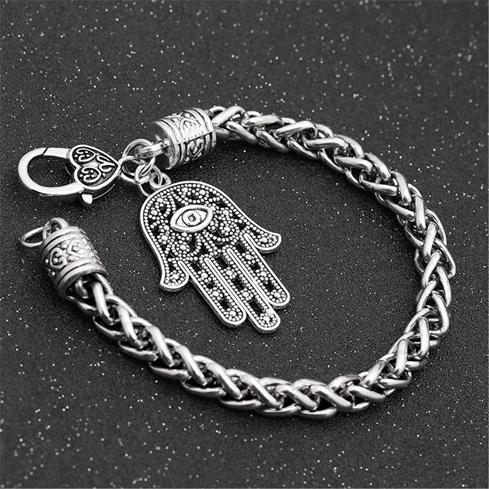 Yifnny Hamsa Evil Eye Bracelet, Hamsa Hand of Fatima Evil Eye Silver Bracelet- Turkish Evil Eye Protection Bracelet Hamsa bracelet for Women Men Minimalist Amulet Jewelry (Silver)