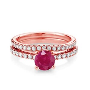 Gem Stone King 18K Rose Gold Plated Silver Red Ruby and White Moissanite Wedding Engagement Band Bridal Set Ring For Women (1.49 Cttw, Gemstone July Birthstone, Available In Size 5, 6, 7, 8, 9)