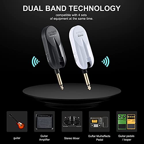 Surbort Wireless Guitar System, 5.1G/5.8G Dual Frequency Transmitter and Receiver, 18H Endurance 30m Transmission Distance with Charging Case，for Electric Guitar、Bass (White)