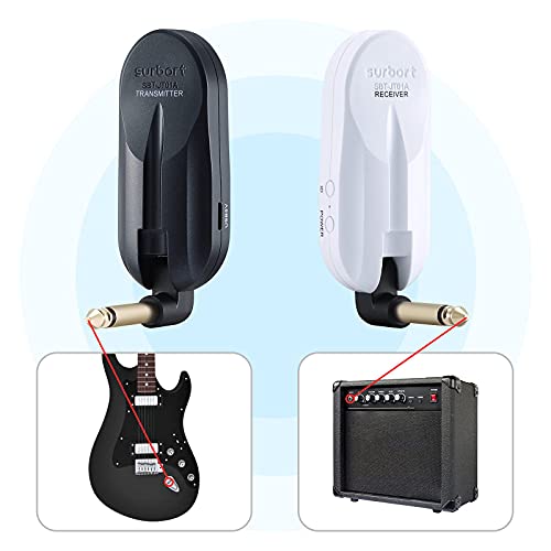 Surbort Wireless Guitar System, 5.1G/5.8G Dual Frequency Transmitter and Receiver, 18H Endurance 30m Transmission Distance with Charging Case，for Electric Guitar、Bass (White)