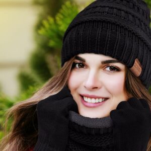 Winter Hat Fleece Lined Neck Warmer Scarf and Gloves Set for Women Knit Beanie Winter Gloves and Scarves Cold Weather