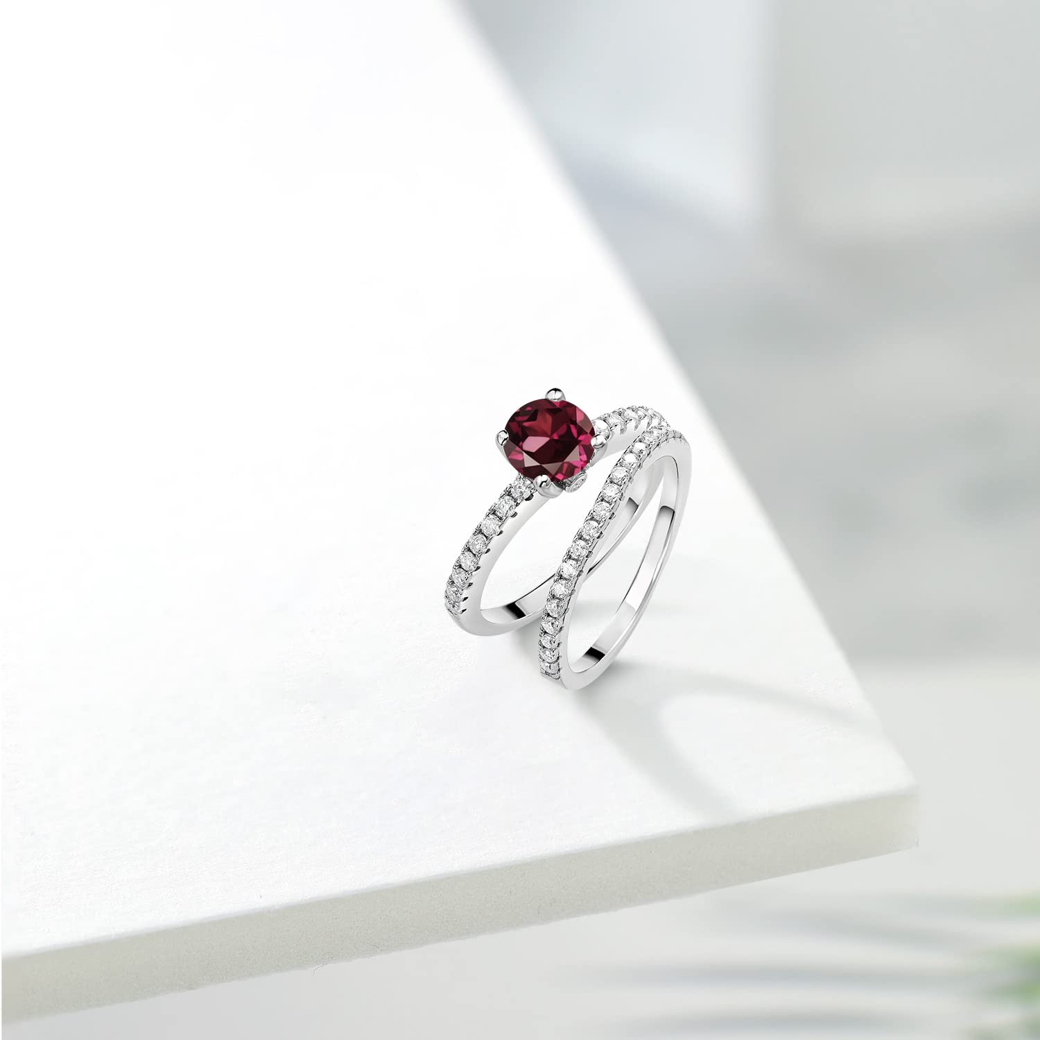 Gem Stone King 925 Sterling Silver Red Rhodolite Garnet and White Moissanite Wedding Engagement Band Bridal Set Ring For Women (1.49 Cttw, Gemstone January Birthstone, Available In Size 5, 6, 7, 8, 9)