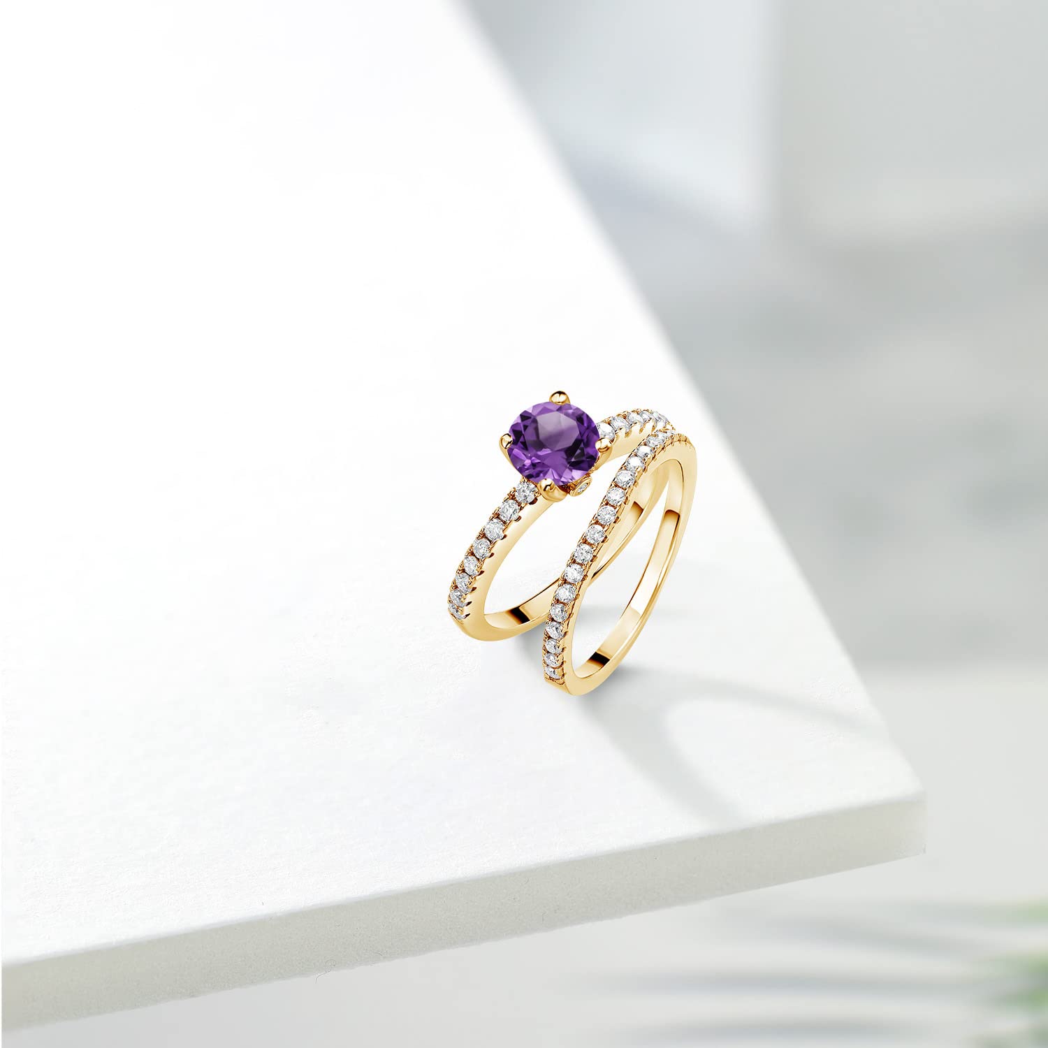 18K Yellow Gold Plated Silver Purple Amethyst and White Moissanite Wedding Engagement Band Bridal Set Ring For Women (1.49 Cttw, Gemstone February Birthstone, Available In Size 5, 6, 7, 8, 9)